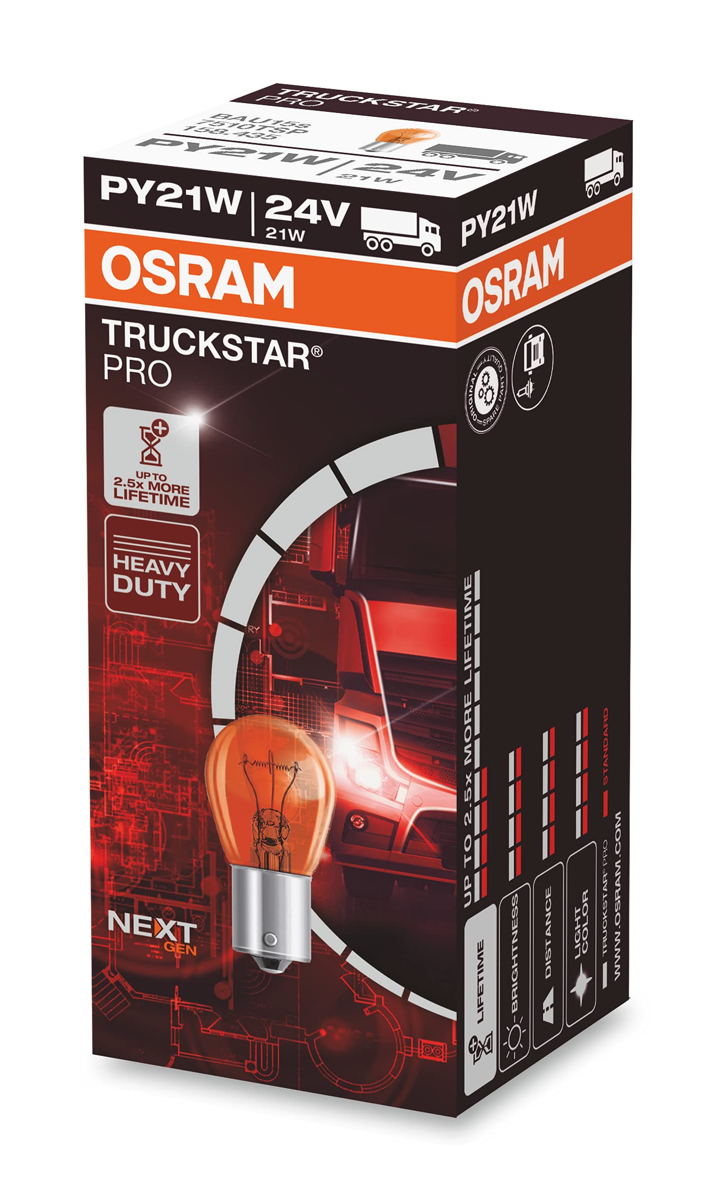 OSRAM TRUCKSTAR® PRO PY21W, +120% mehr Helligkeit, Halogen-Signallampe, 7510TSP, 24V LKW Lampe, Faltschachtel (10 Lampen) von Osram