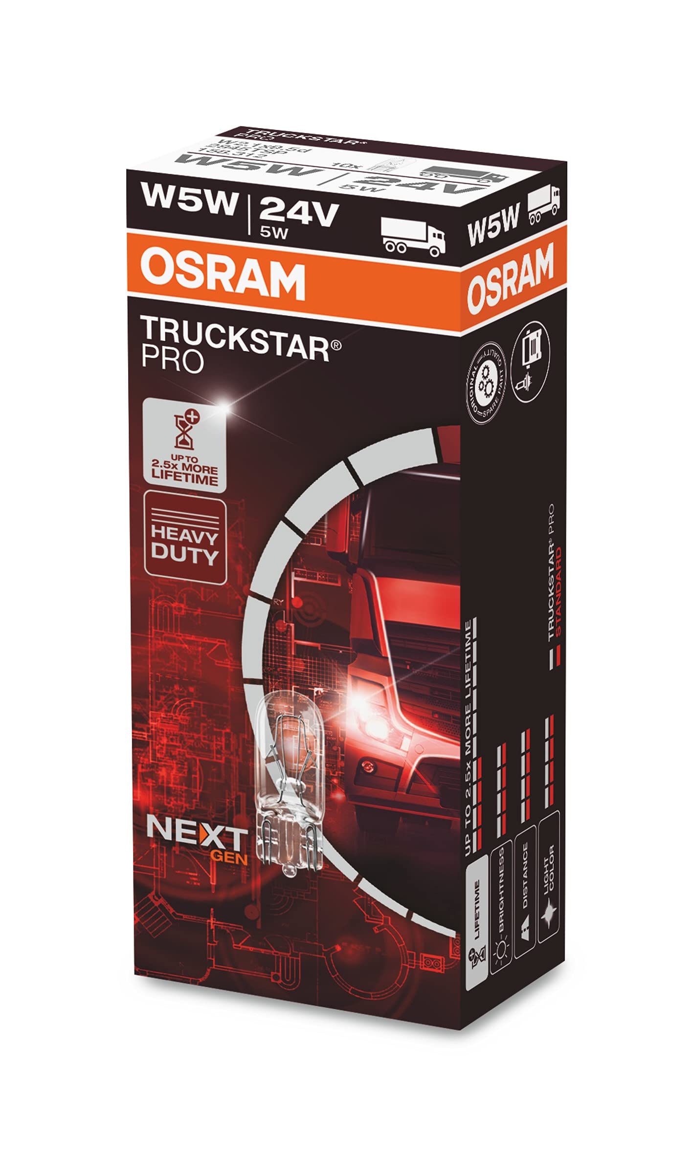 OSRAM TRUCKSTAR® PRO W5W, +120% mehr Helligkeit, Halogen-Scheinwerferlampe, 2845TSP, 24V LKW Lampe, Faltschachtel (10 Lampen), Klar von Osram