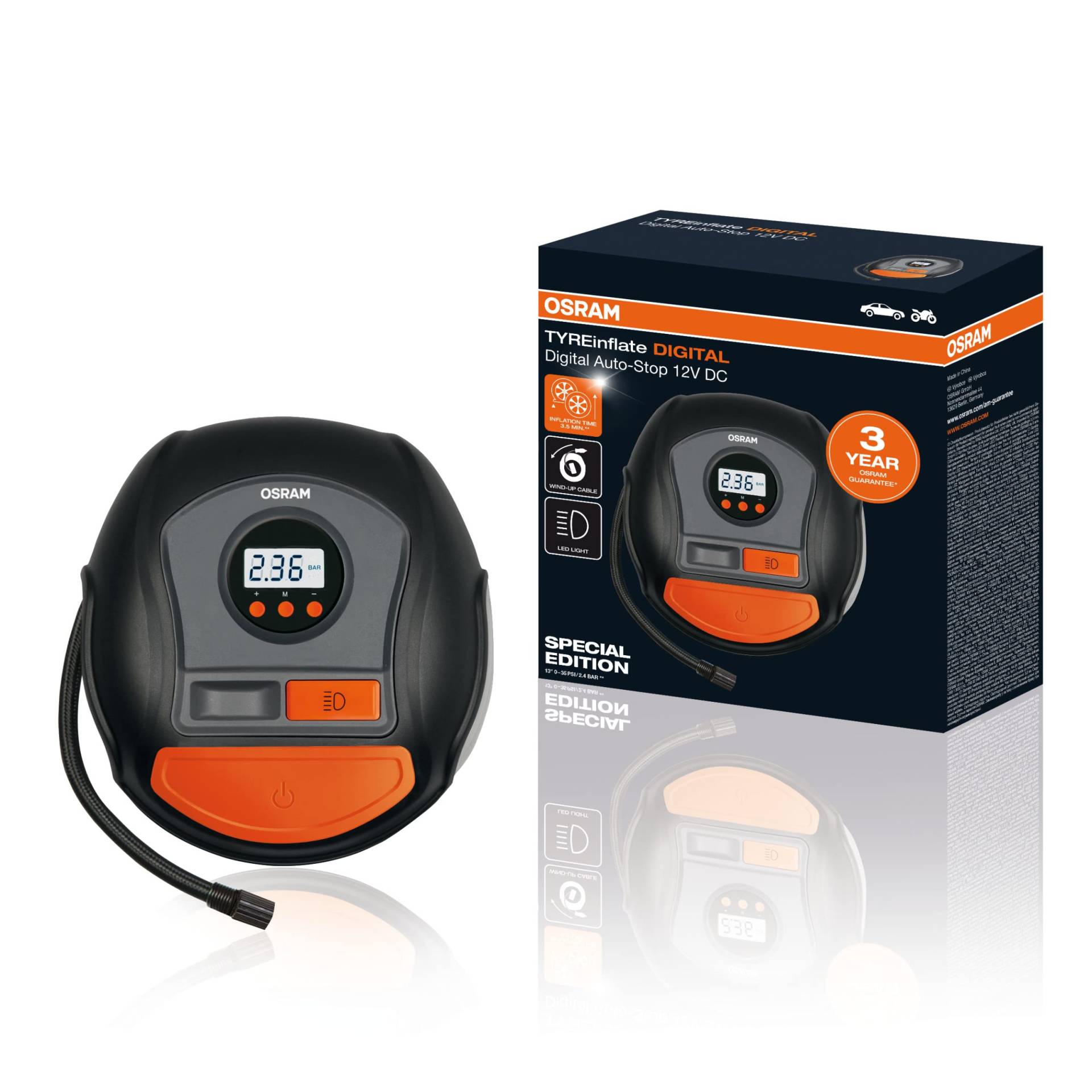 OSRAM TYREinflate DIGITAL, 12V Luftkompressor, tragbarer Kompressor, Auto-Stopp, LED Licht, elektrische Luftpumpe für Reifen, Anschluss 12V Autosteckdose, Reifenbefüllung in 3,5 Min von Osram