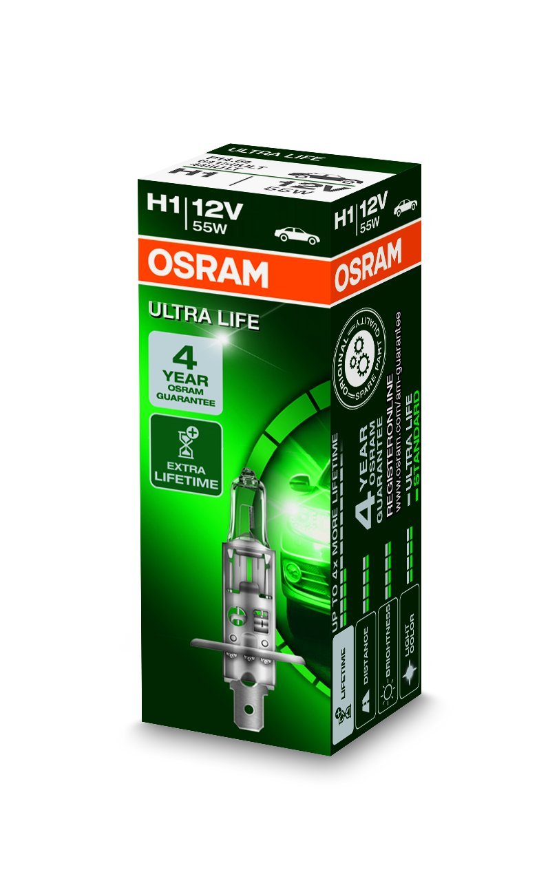 Osram ULTRA LIFE H1, Halogen-Scheinwerferlampe, 64150ULT, 12V PKW, Faltschachtel (1 Stück), Bianco (Blanc) von Osram