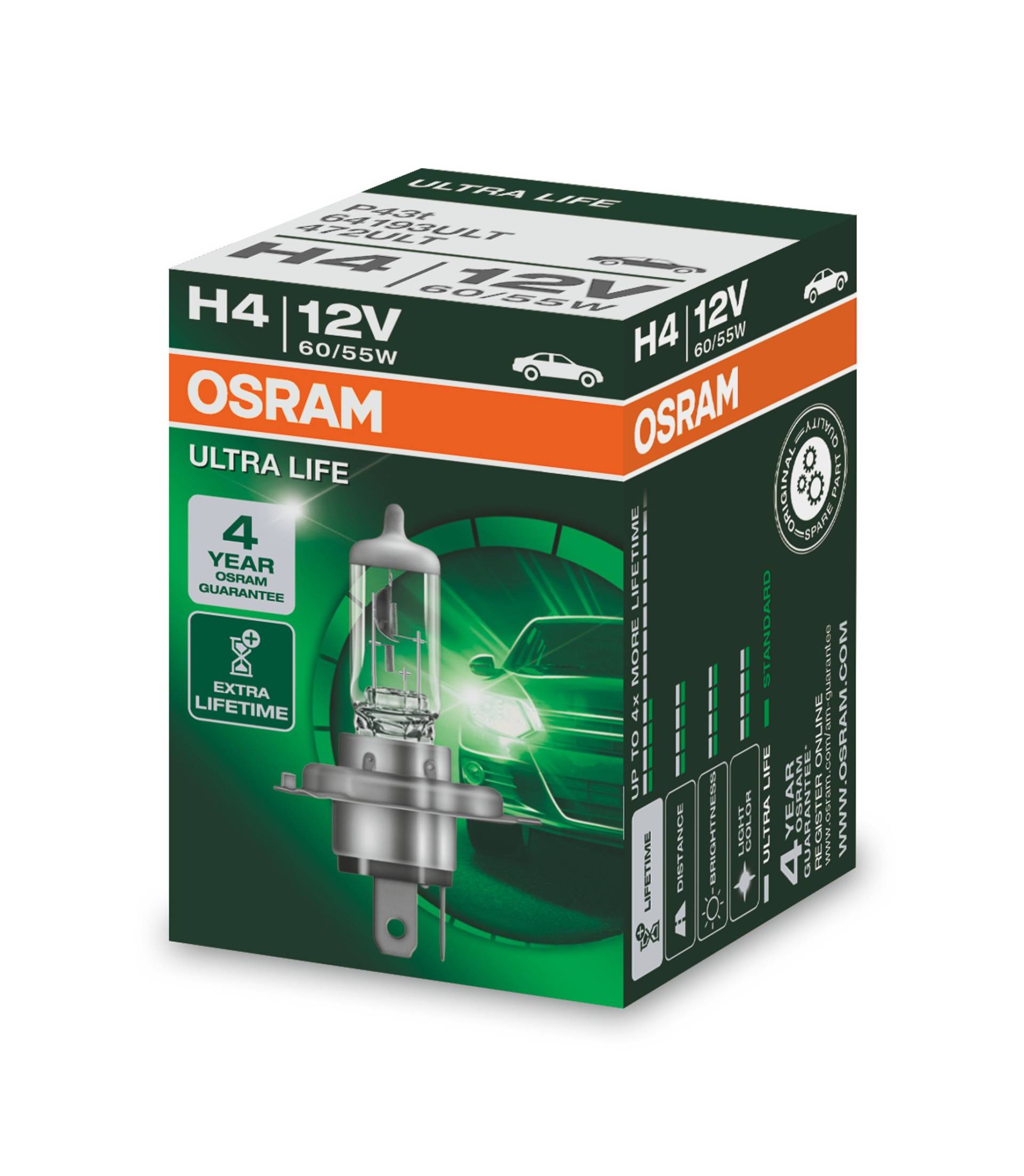 Osram ULTRA LIFE H4, Halogen-Scheinwerferlampe, 64193ULT, 12V PKW, Faltschachtel (1 Stück), Weiß (Weiß) von Osram