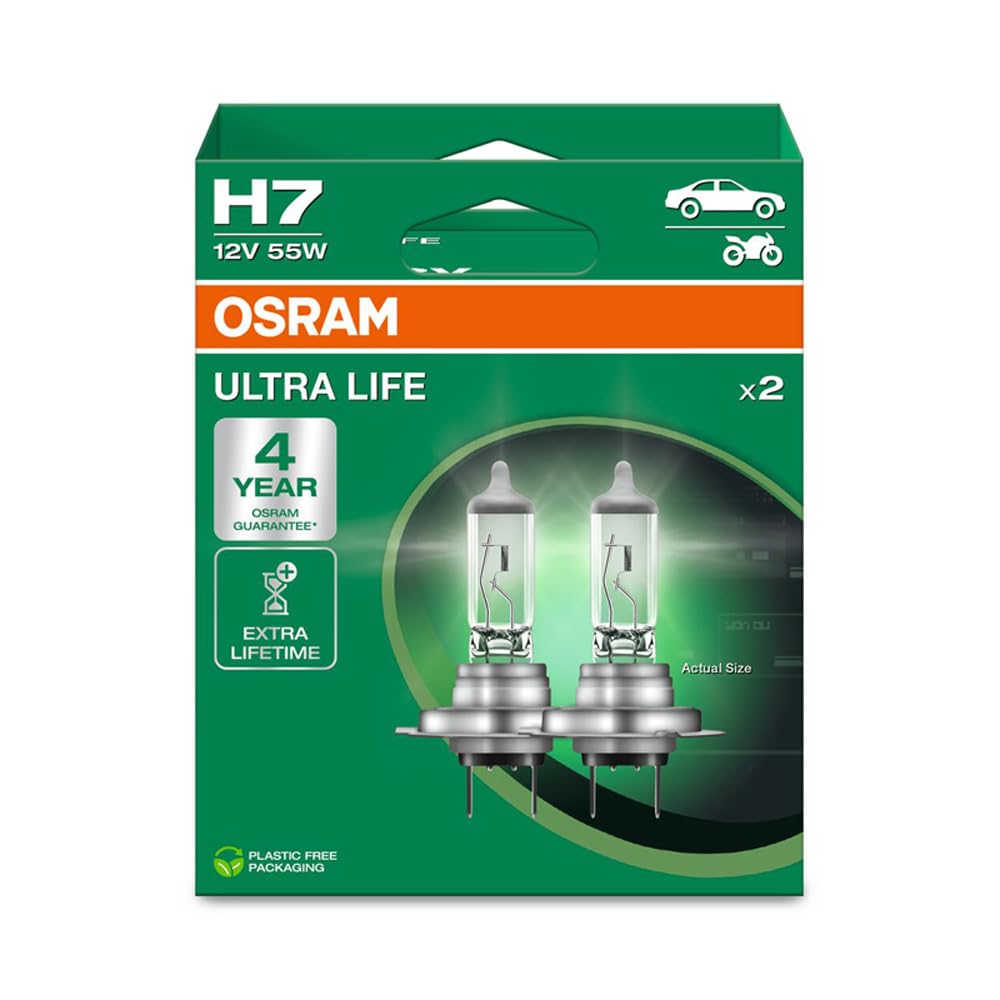 OSRAM ULTRA LIFE H7, Halogen-Scheinwerferlampe, 64210ULT-2HB, Hängebox (2 Stück), white von Osram