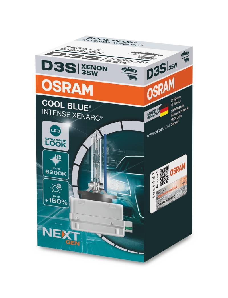 OSRAM XENARC COOL BLUE INTENSE D3S, 150% mehr Helligkeit, bis zu 6.200K, Xenon-Scheinwerferlampe, LED Look, Faltschachtel (1 Lampe) von Osram