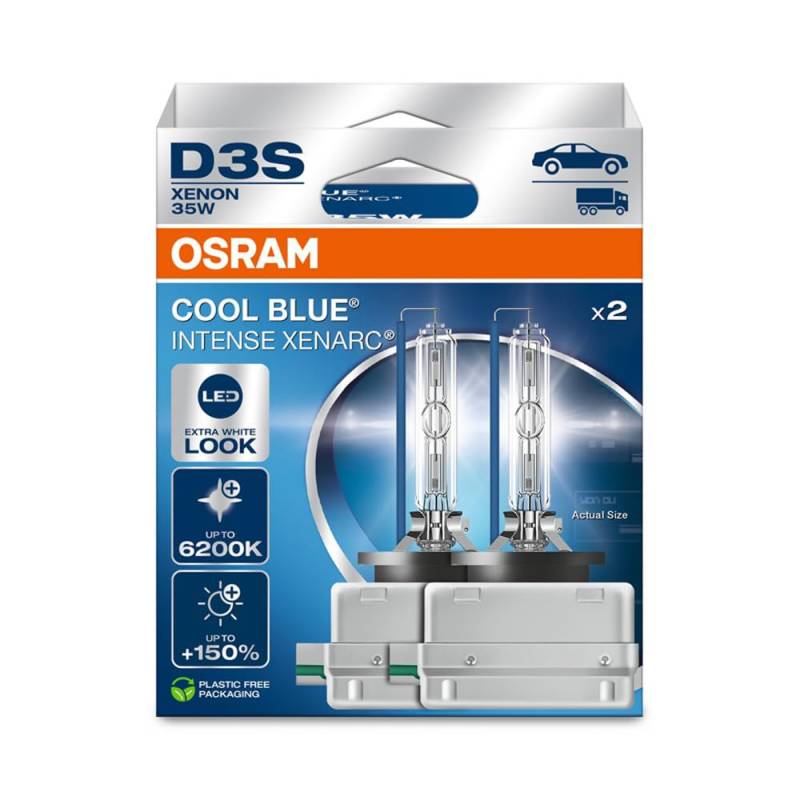 OSRAM XENARC® COOL BLUE® INTENSE D3S, +150% mehr Helligkeit, bis zu 6.200K, Xenon-Scheinwerferlampe, LED Look, Hängebox (2 Lampen) von Osram