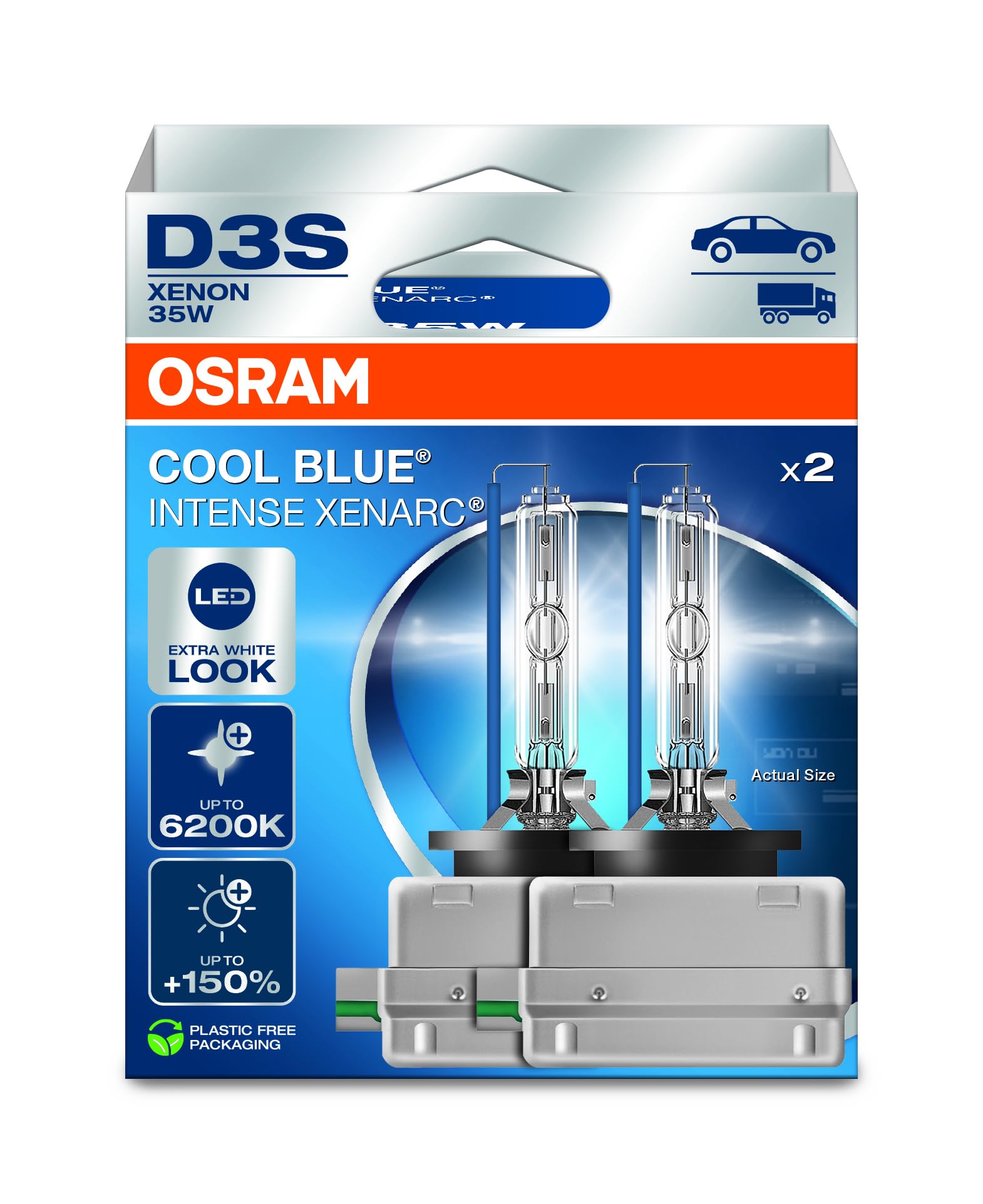 Osram XENARC® COOL BLUE® INTENSE D3S, +150% more brightness, up to 6,200K, xenon headlight lamp, LED look, Hanging folding box (2 lamps) von Osram