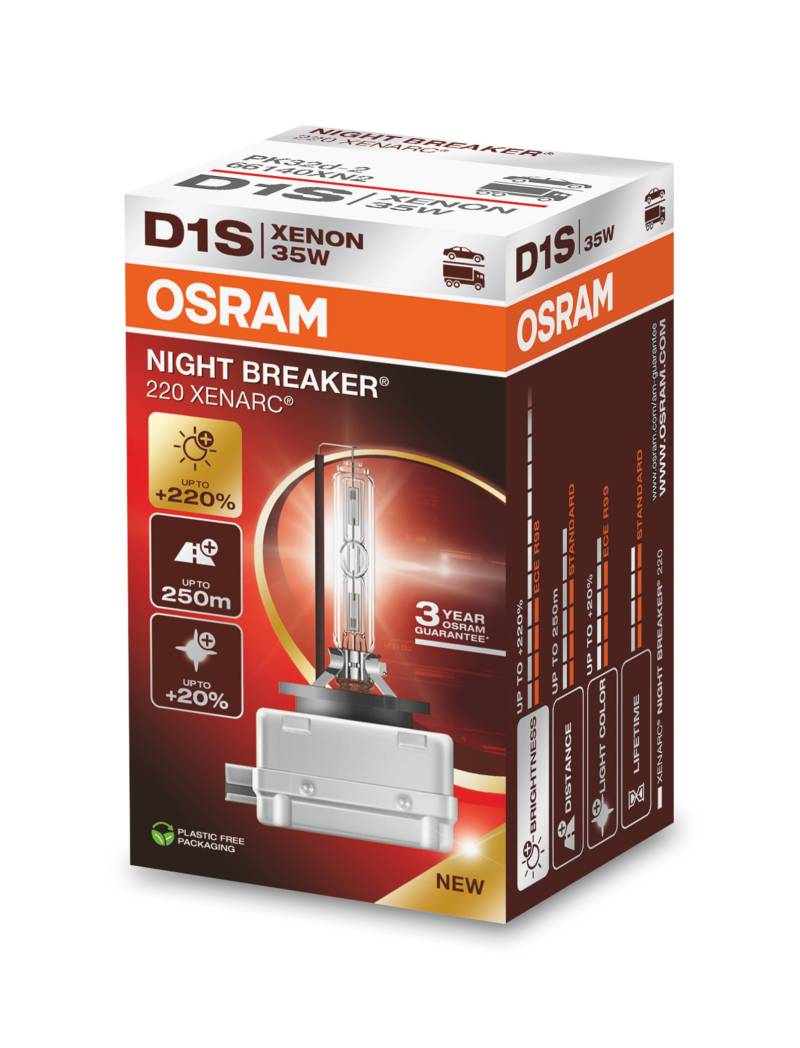 OSRAM XENARC NIGHT BREAKER 220, D1S, +220% mehr Helligkeit, Xenon-Scheinwerferlampe, 66140XN2, Faltschachtel (1 Lampe) von Osram