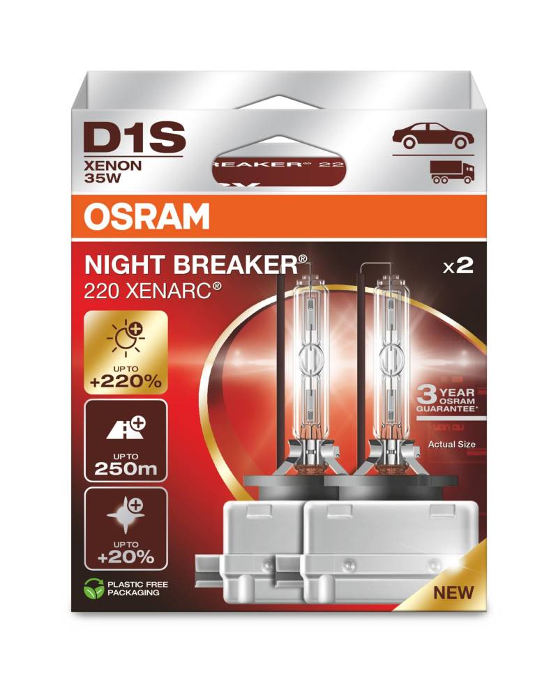 OSRAM XENARC NIGHT BREAKER 220, D1S, +220% mehr Helligkeit, Xenon-Scheinwerferlampe, 66140XN2-2HB, Faltschachtel (2 Lampen) von Osram