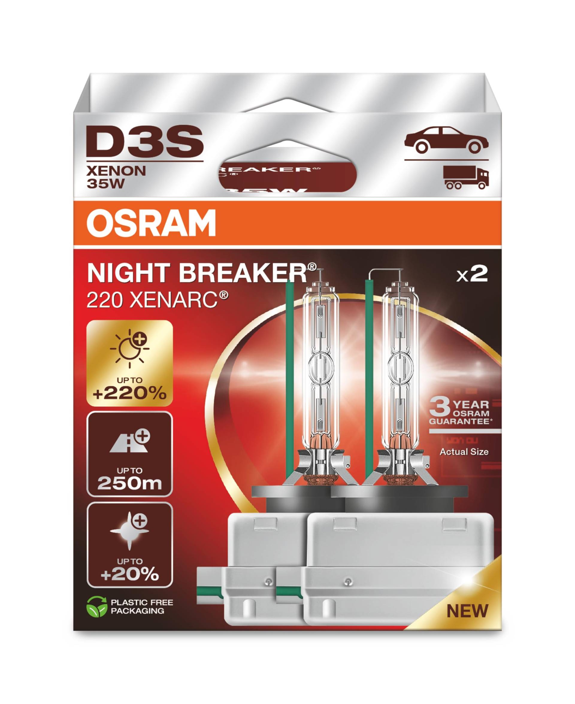 OSRAM XENARC NIGHT BREAKER 220, D3S, +220% mehr Helligkeit, Xenon-Scheinwerferlampe, 66340XN2-2HB, Faltschachtel (2 Lampen) von Osram