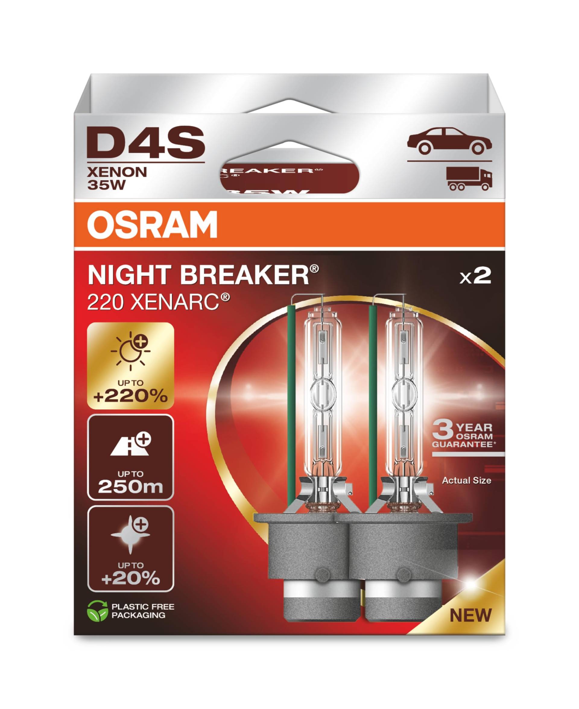 OSRAM XENARC NIGHT BREAKER 220, D4S, +220% mehr Helligkeit, Xenon-Scheinwerferlampe, 66440XN2-2HB, Faltschachtel (2 Lampen) von Osram