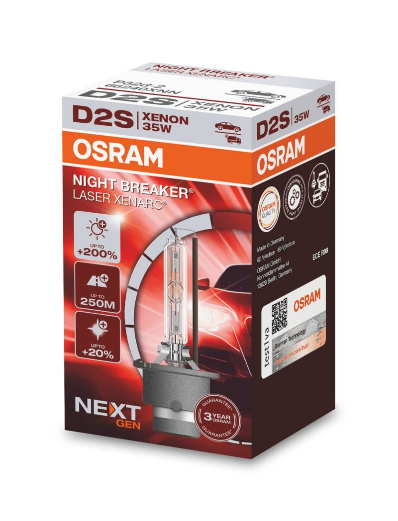 OSRAM XENARC NIGHT BREAKER LASER D2S Next Generation, +200 % mehr Helligkeit, HID Xenon-Scheinwerferlampe, 66240XNN, Faltschachtel (1 Lampe), Weiß von Osram