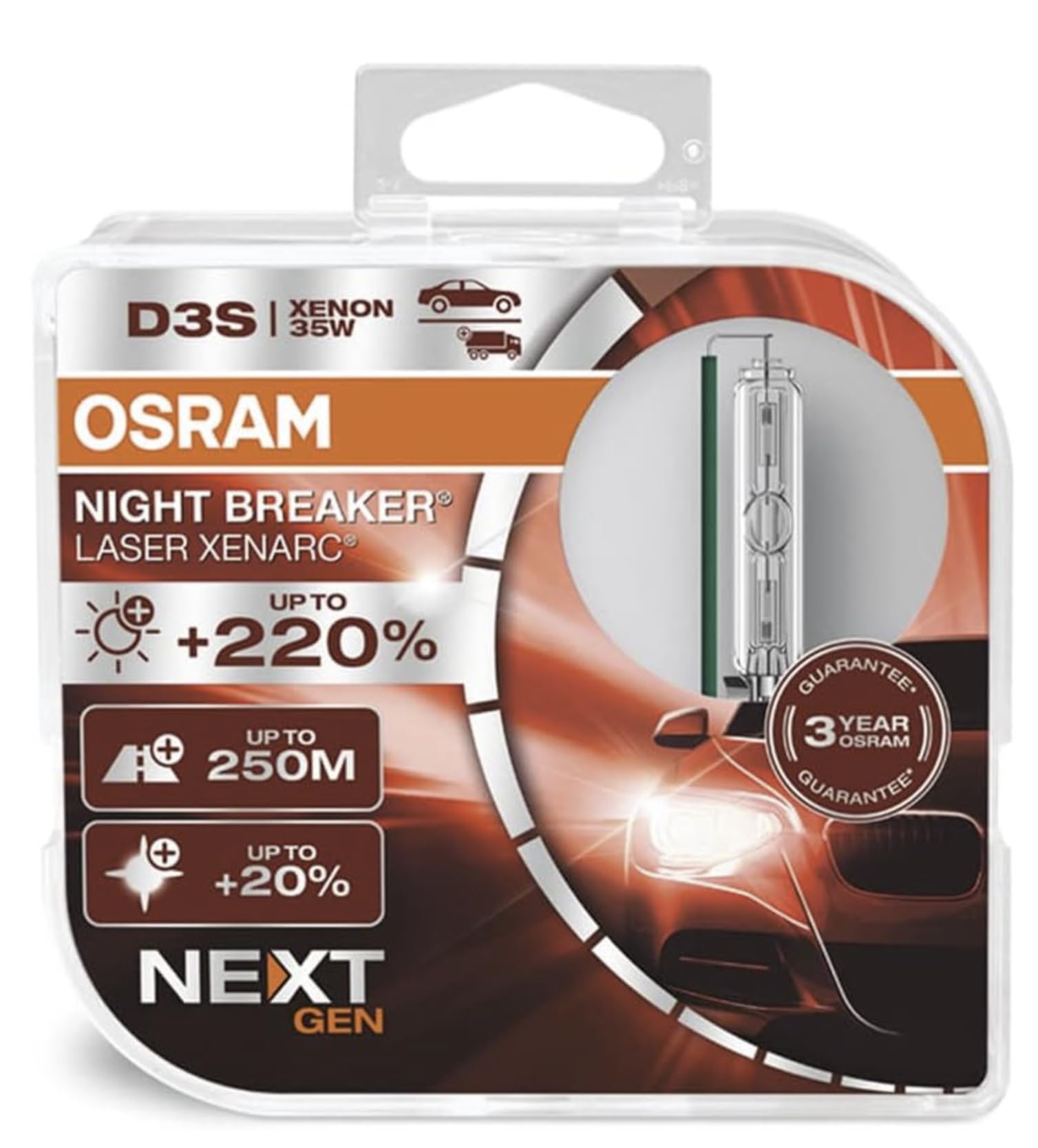 OSRAM XENARC NIGHT BREAKER LASER D3S Next Generation, +220 % mehr Helligkeit, HID Xenon-Scheinwerferlampe, 66340XNN-HCB, Duo Box (2 Lampen) von Osram