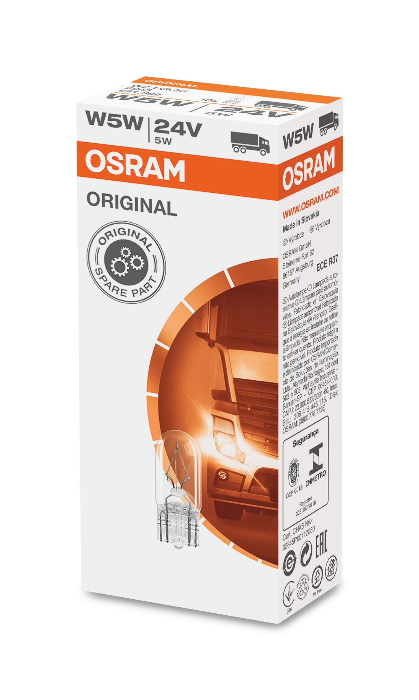 Osram 2845 ORIGINAL Glasquetschsockel W5W, Sockel W2.1x9.5d, 24V, 1 Lampe von Osram