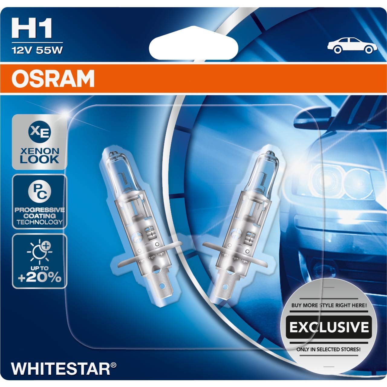 Osram 64150DR1-02B GLL H1 WHITESTAR 2er Set die Halogen Autolampe mit bis zu 20% mehr Licht im Xenonlook, 12 Volt 55 Watt von Osram