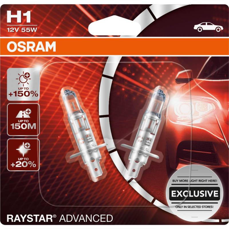 Osram 64150PR1-02B GLL H1 RAYSTAR ADVANCED +150% 2er diese Scheinwerferlampen leuchten bis zu 150% heller, 12 Volt 55 Watt von Osram