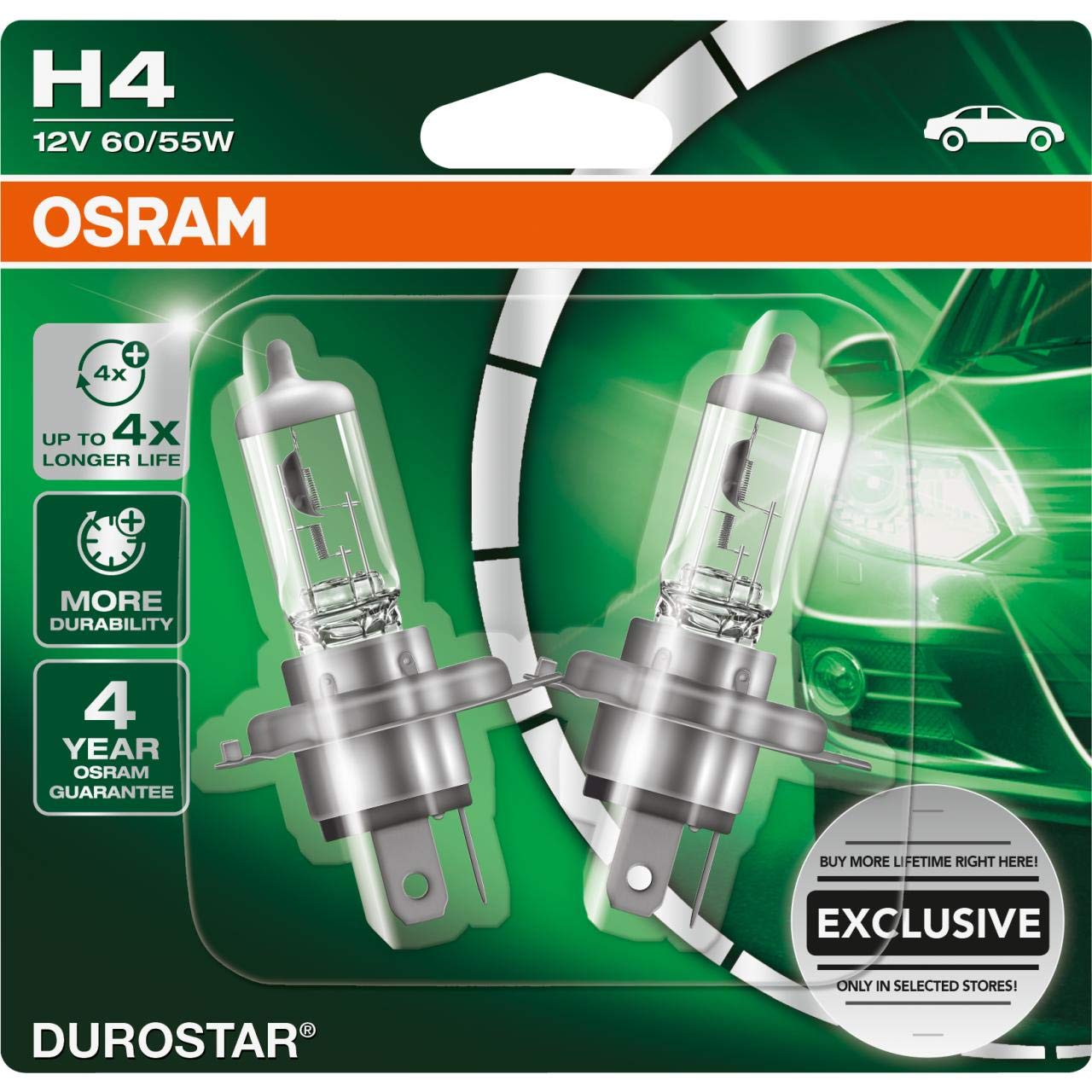 Osram 64193CR1-02B GLL H4 DUROSTAR 2er Set Scheinwerferlampe überzeugt durch lange Lebensdauer und Leuchtkraft, 12 Volt 60/55 Watt von Osram