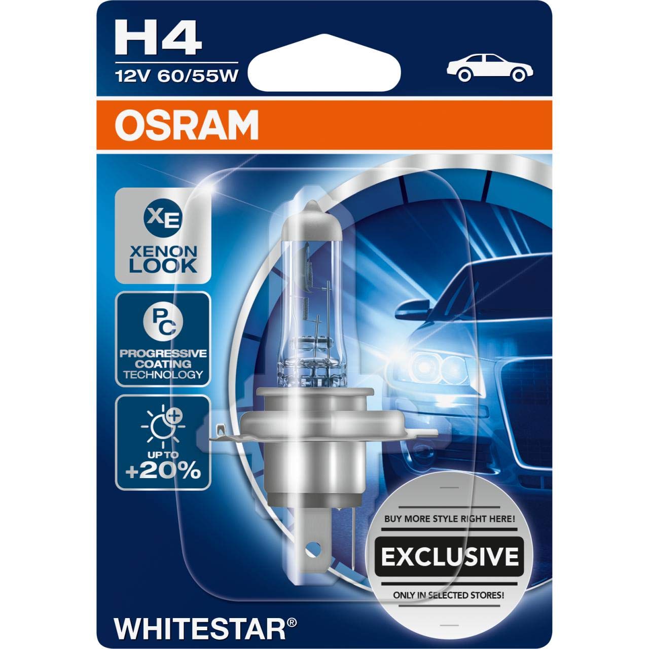 Osram 64193DR1-01B GLL H4 WHITESTAR die Halogen Autolampe mit bis zu 20% mehr Licht im Xenonlook, 12 Volt 60/55 Watt von Osram