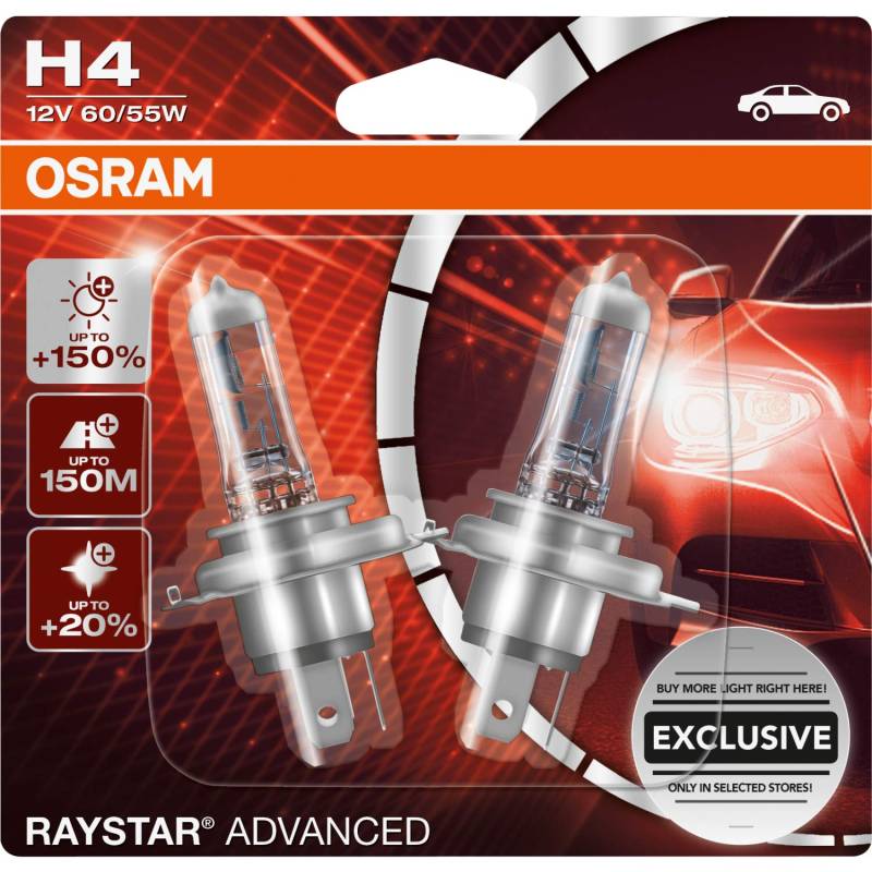 Osram 64193PR1-02B GLL H4 RAYSTAR ADVANCED +150% 2er diese Scheinwerferlampen leuchten bis zu 150% heller, 12 Volt 60/55 Watt von Osram