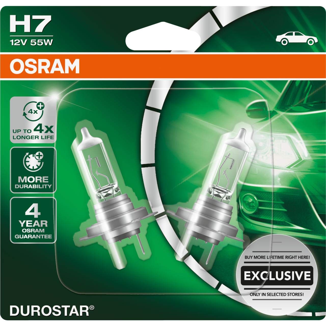 Osram 64210CR1-02B GLL H7 DUROSTAR 2er Set Scheinwerferlampe überzeugt durch lange Lebensdauer und Leuchtkraft, 12 Volt 55 Watt von Osram