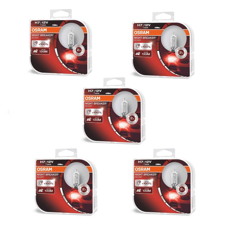 Osram 64210NBS-HCB-VS Night Breaker Silver H7, 100% mehr Helligkeit, Halogen-Scheinwerferlampe, 64210NBS-HCB, 12V Pkw, 5X Duo Box (je 2 Lampen), x 5, Set of 5 von Osram