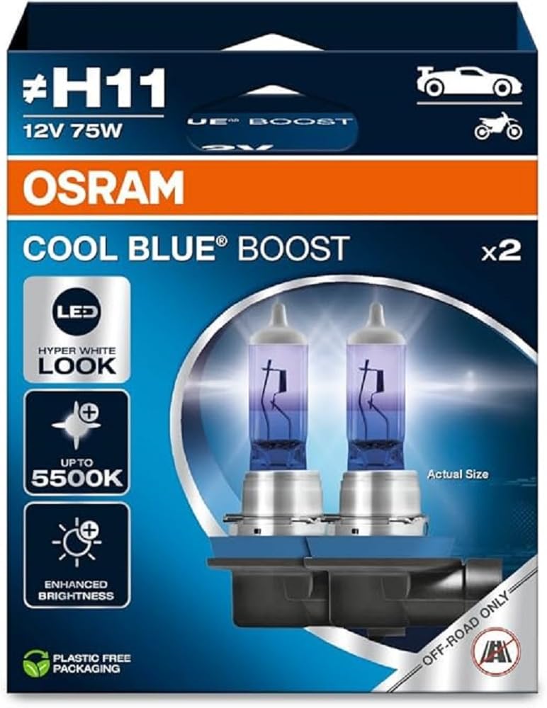 Osram COOL BLUE® BOOST, H11, halogen headlight lamps, up to 5500K, Hanging folding box (2 lamps), offroad use only von Osram