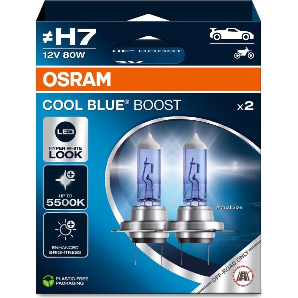 Osram COOL BLUE® BOOST, H7, halogen headlight lamps, up to 5500K, Hanging folding box (2 lamps), offroad use only von Osram