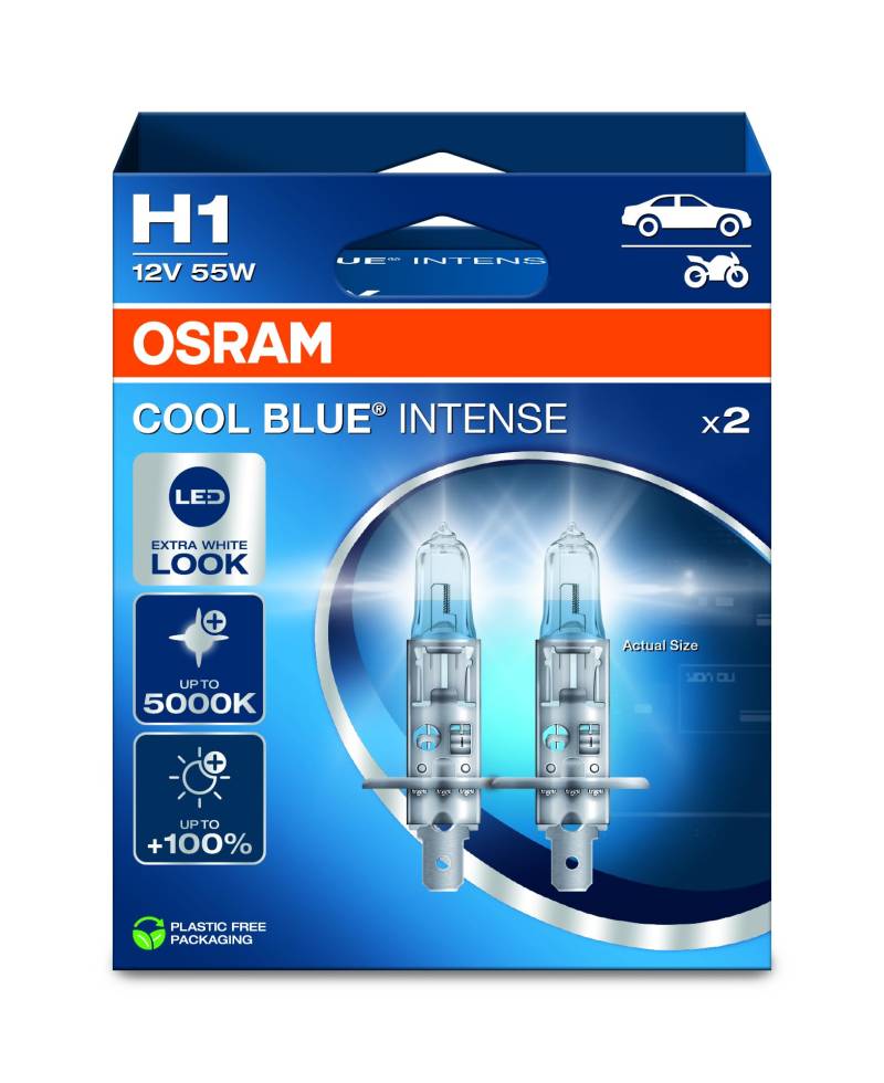 Osram COOL BLUE® INTENSE H1, +100% more brightness, up to 5,000K, halogen headlight lamp, LED look, Hanging folding box (2 lamps) von Osram