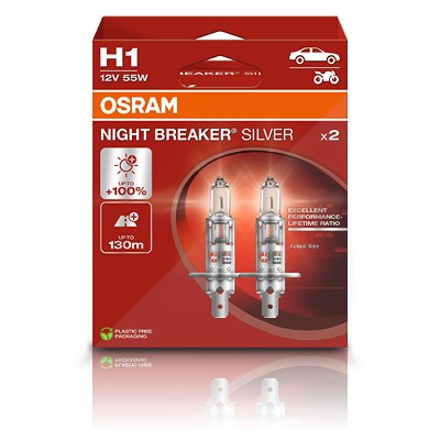 Osram H1 NIGHT BREAKER SILVER Glühlampe DuoBox [Hersteller-Nr. 64150NBS] für Abarth, Alfa Romeo, Alpina, Audi, BMW, Chevrolet, Citroën, Dacia, Daewoo, von Osram