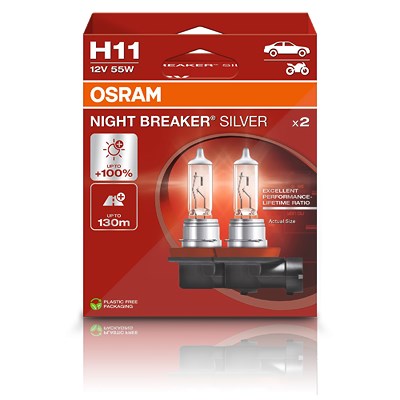 Osram H11 NIGHT BREAKER SILVER Glühlampe - Faltschachtel [Hersteller-Nr. 64211NBS] für Abarth, Alfa Romeo, Alpina, Audi, BMW, Cadillac, Chevrolet, Chr von Osram