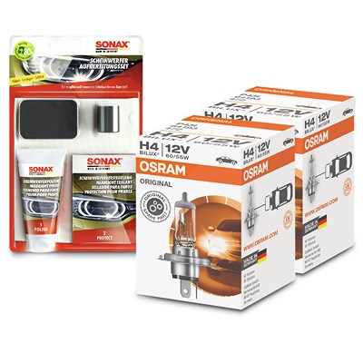 Osram H4 ORIGINAL LINE + Sonax Aufbereitungsset [Hersteller-Nr. 64193] für Opel, Lotus, Alfa Romeo, Chevrolet, Nissan, Mercedes-Benz, Hyundai, Plymout von Osram