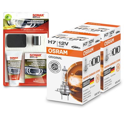 Osram H7 ORIGINAL LINE + Sonax Aufbereitungsset [Hersteller-Nr. 64210] für Alpina, Audi, BMW, Hyundai, Kia, Mercedes-Benz, Nissan, Opel, Peugeot, Pors von Osram