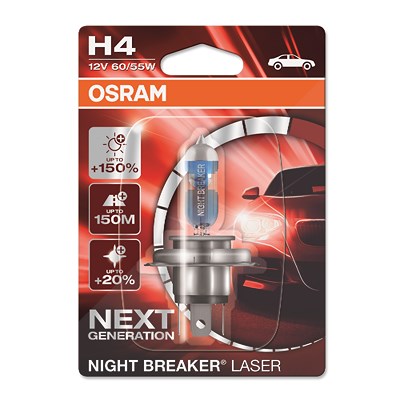 Osram NIGHT BREAKER® LASER H4 Einzelblister [Hersteller-Nr. 64193NL-01B] für Abarth, Alfa Romeo, Audi, Autobianchi, BMW, Chevrolet, Chrysler, Citroën, von Osram