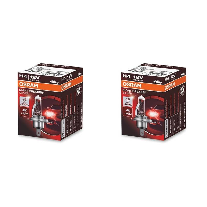 Osram Night Breaker Silver H4, 100% mehr Helligkeit, Halogen-Scheinwerferlampe, 64193NBS, 12V Pkw, Faltschachtel (1 Lampe) (Packung mit 2) von Osram