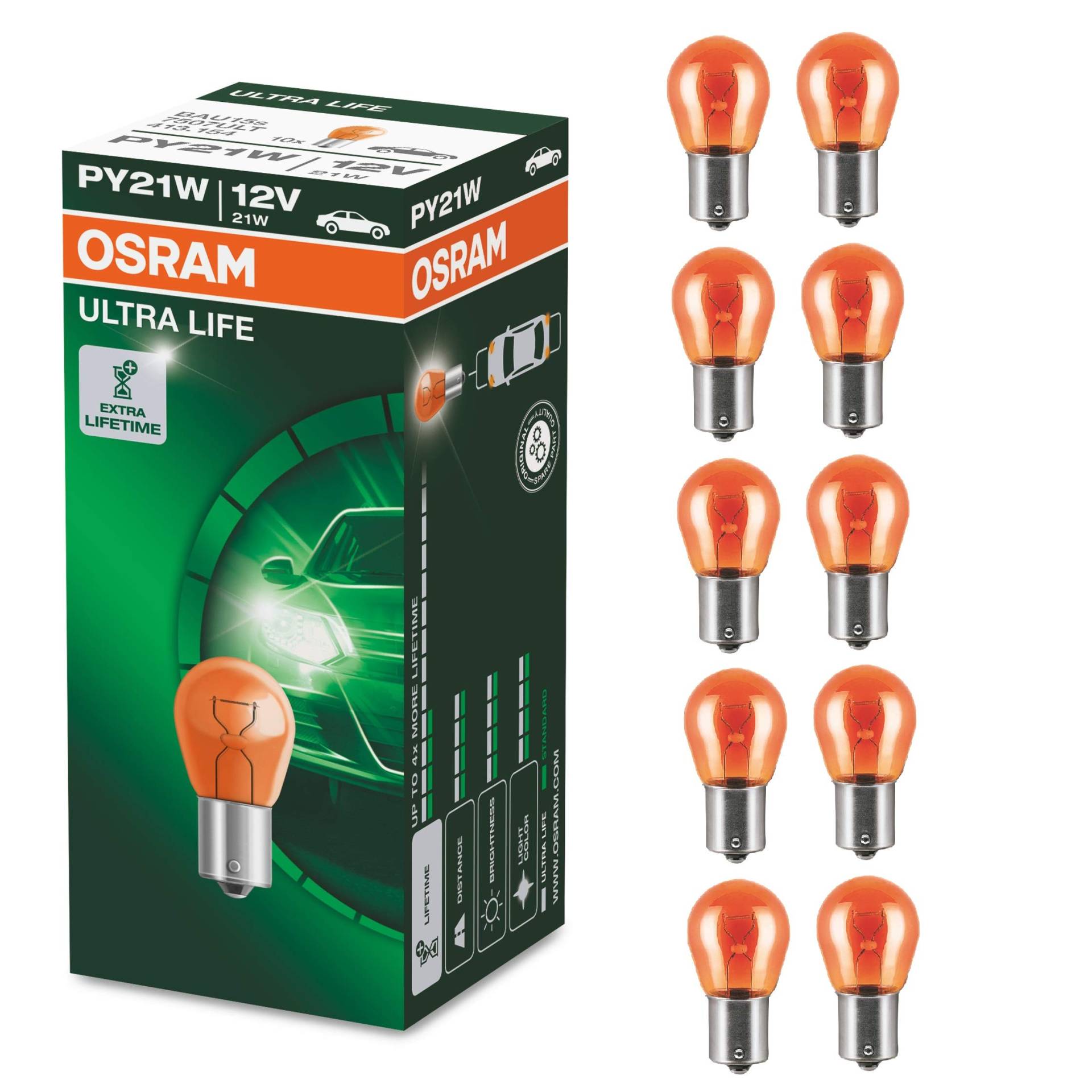 Osram ULTRA LIFE PY21W Halogen-Signallampe, Blinklicht, 7507ULT, 12V PKW, Faltschachtel (10 Stück) von Osram