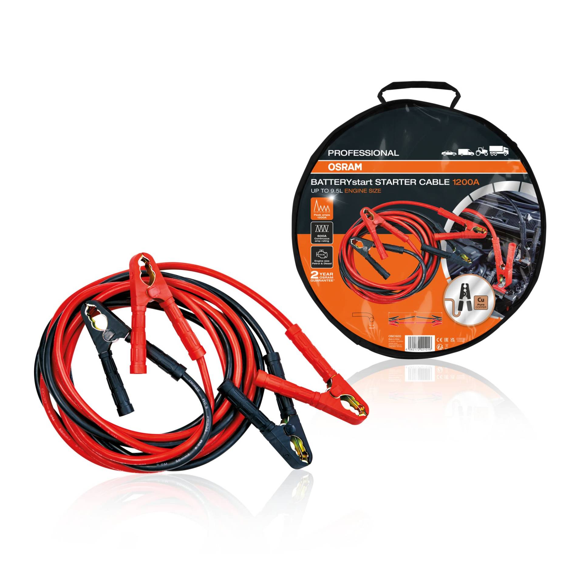 PROFESSIONAL OSRAM STARTER CABLE 1200A, Starthilfekabel für Benzin- & Dieselmotoren, 12/24V, OSC500, Überbrückungskabel für ≤9,5L Motoren, reines mehrstängiges Kupferkabel, 5m von Osram