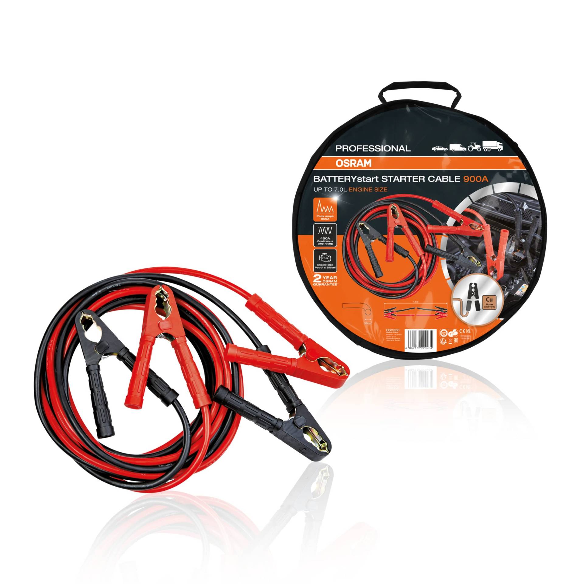 PROFESSIONAL OSRAM STARTER CABLE 900A, Starthilfekabel für Benzin- & Dieselmotoren, 12/24V, OSC350, Überbrückungskabel für ≤7,0L Motoren, reines mehrstängiges Kupferkabel, 4,5m von Osram