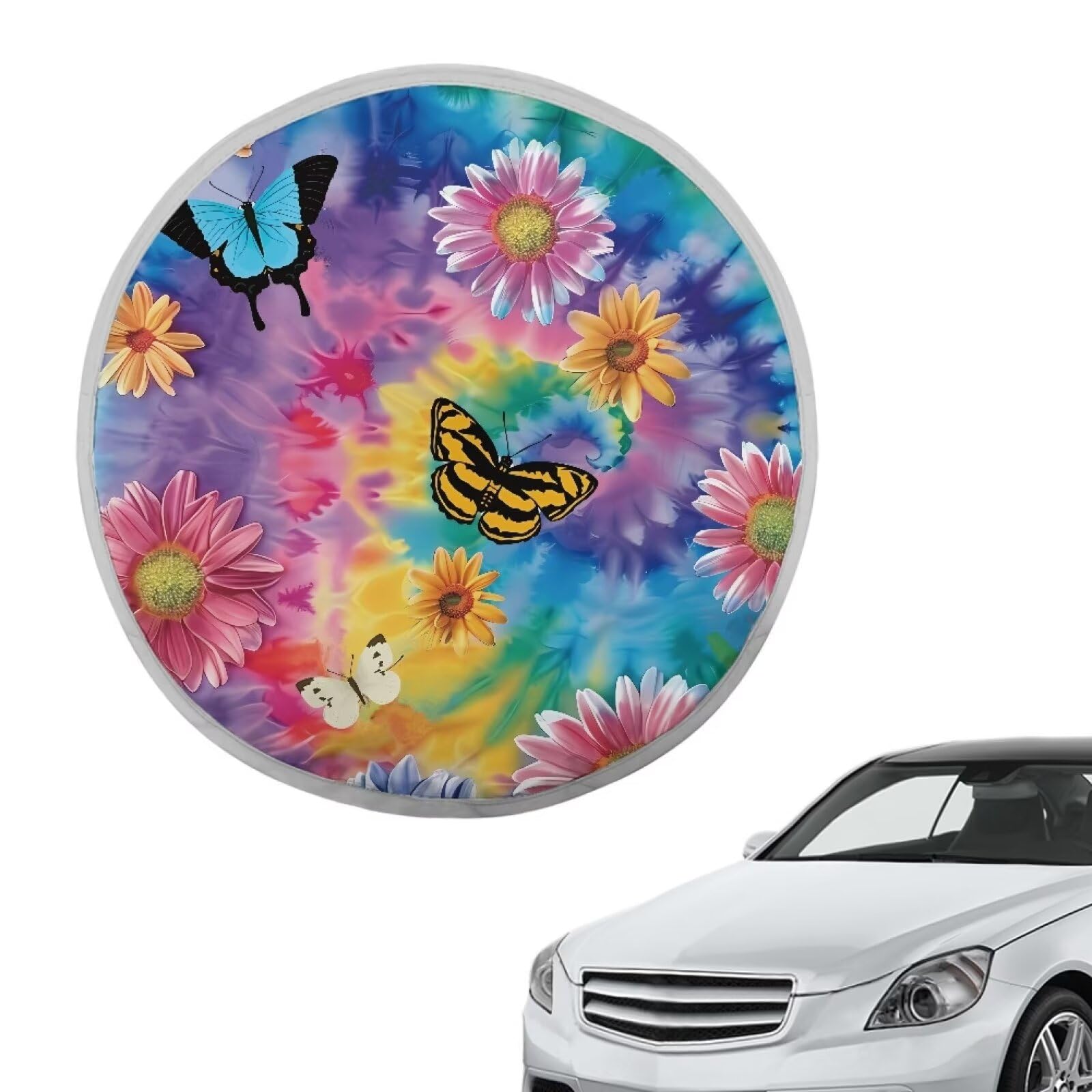 Sonnenschutz für das Lenkrad mit Regenbogen-Blumen-Schmetterling, 1 Stück, Schutz vor Sonnenhitze und UV-Strahlen, Fahrzeugzubehör, universell für Autos, LKWs, SUVs, Vans von Oudrspo