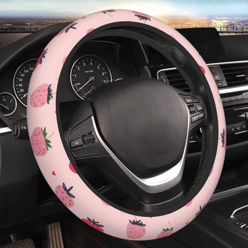 Universal-Lenkradbezug mit rosa Erdbeer-Print, schweißabsorbierender Lenkradschutz, rutschfeste Autofolie, süß von Oudrspo