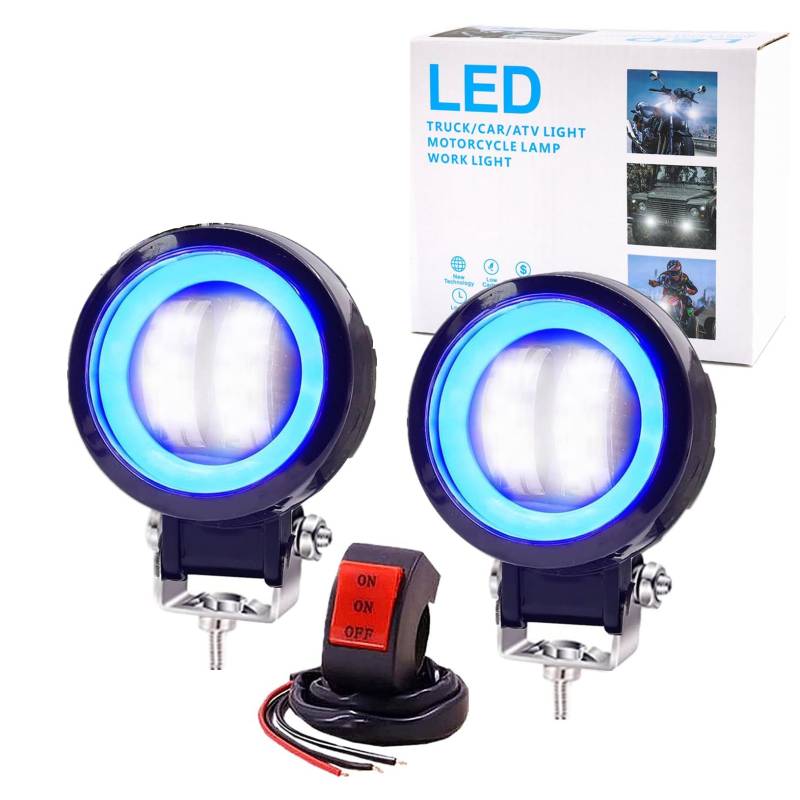 Ourbest Motorrad Led Scheinwerfer, 9-36V Blau Halo Motorrad Nebelscheinwerfer Mit Schalter, Motorrad Zusatzlichter, Weiß Hellblau Ring Motorrad Angel Eyes Licht 1pair Für Motorrad Offroad von Ourbest