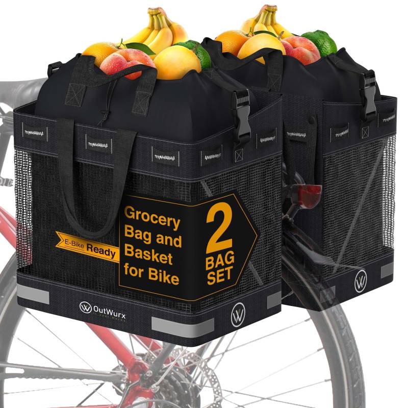 OutWurx Einkaufstaschen für Fahrräder und E-Bikes – 45 Liter wasserdichte Fahrradtaschen für Fahrräder Heckträger Lebensmittellieferung mit Griffen und Schultergurt – 2 Taschen Set von OutWurx