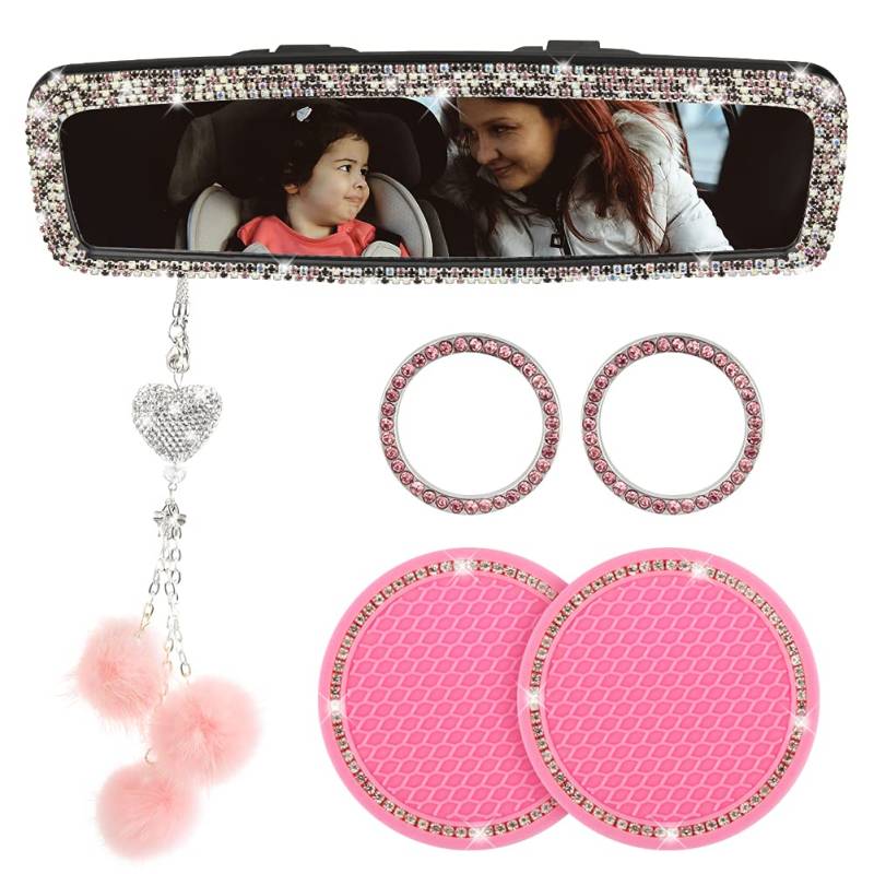 Bling Strass Rückspiegel Kristallkugel Plüsch Anhänger Ornament Bling Auto Untersetzer Schlüssel Zündung Starter Diamant Autozubehör für Frauen und Männer, 6 Set Auto Innendekoration (Rosa) von Outigu