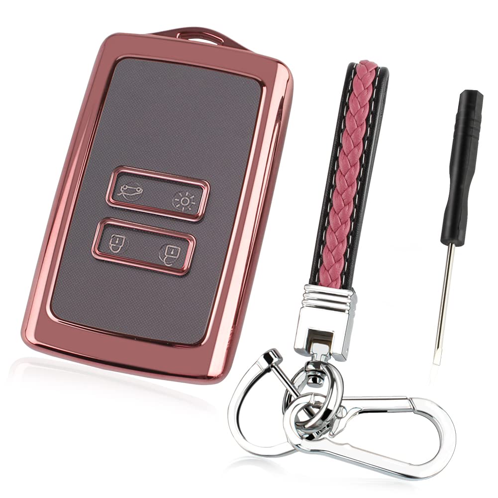 TPU Smart Key Case passend für Renault, Silikon Keyless 4-Tasten-Schlüsselanhänger, Renault-Schutzhülle für Autoschlüssel mit robustem Lederanhänger (Rosa) von Outigu