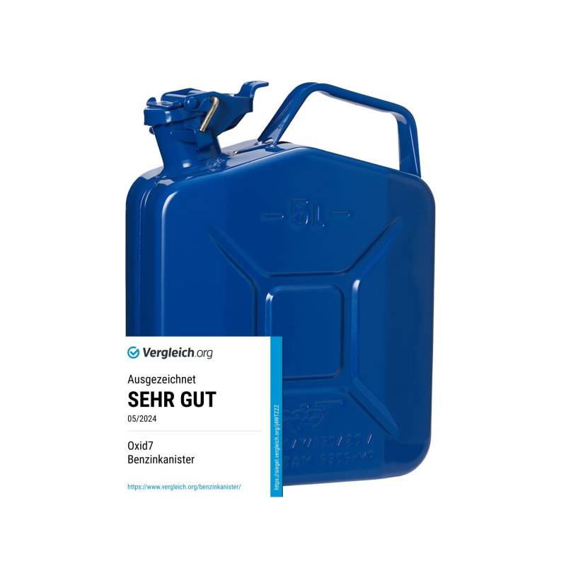 Oxid7® Kraftstoffkanister 5 Liter aus Metall mit Bajonettverschluss | Benzin, Diesel & Bio-Ethanol geeignet | 5L Benzin-Kanister mit UN-Zulassung & Bauart geprüft von Oxid7