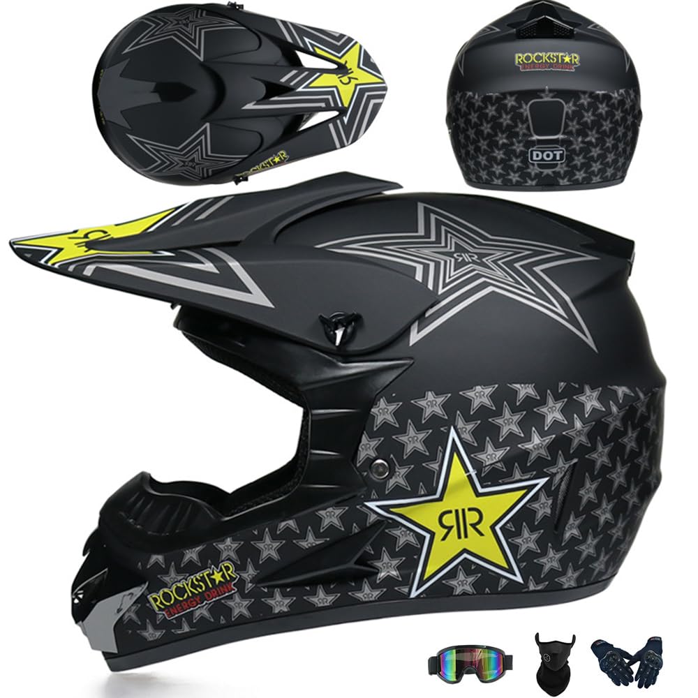 Jugend Motorradhelm Motocross Helm Kinder Erwachsene Cross Helms Herren ATV Motorradhelm MX Enduro Full Face MTB Helm DOT/ECE-Zertifizierter Mit Brille Maske Handschuhe Downhill Helm,Black/A-M von PAESCOY