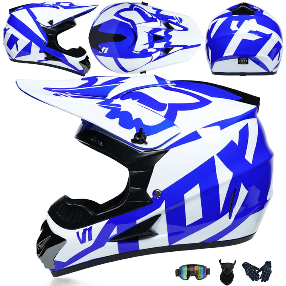 Jugend Motorradhelm Motocross Helm Kinder Erwachsene Cross Helms Herren ATV Motorradhelm MX Enduro Full Face MTB Helm DOT/ECE-Zertifizierter Mit Brille Maske Handschuhe Downhill Helm,Blue/A-XL von PAESCOY