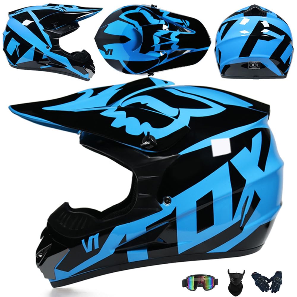 Jugend Motorradhelm Motocross Helm Kinder Erwachsene Cross Helms Herren ATV Motorradhelm MX Enduro Full Face MTB Helm DOT/ECE-Zertifizierter Mit Brille Maske Handschuhe Downhill Helm,Blue/B-XXL von PAESCOY