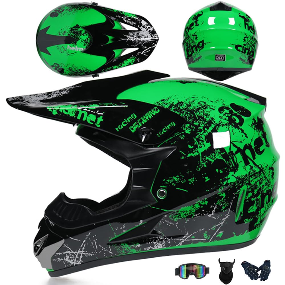 Jugend Motorradhelm Motocross Helm Kinder Erwachsene Cross Helms Herren ATV Motorradhelm MX Enduro Full Face MTB Helm DOT/ECE-Zertifizierter Mit Brille Maske Handschuhe Downhill Helm,Green/B-S von PAESCOY