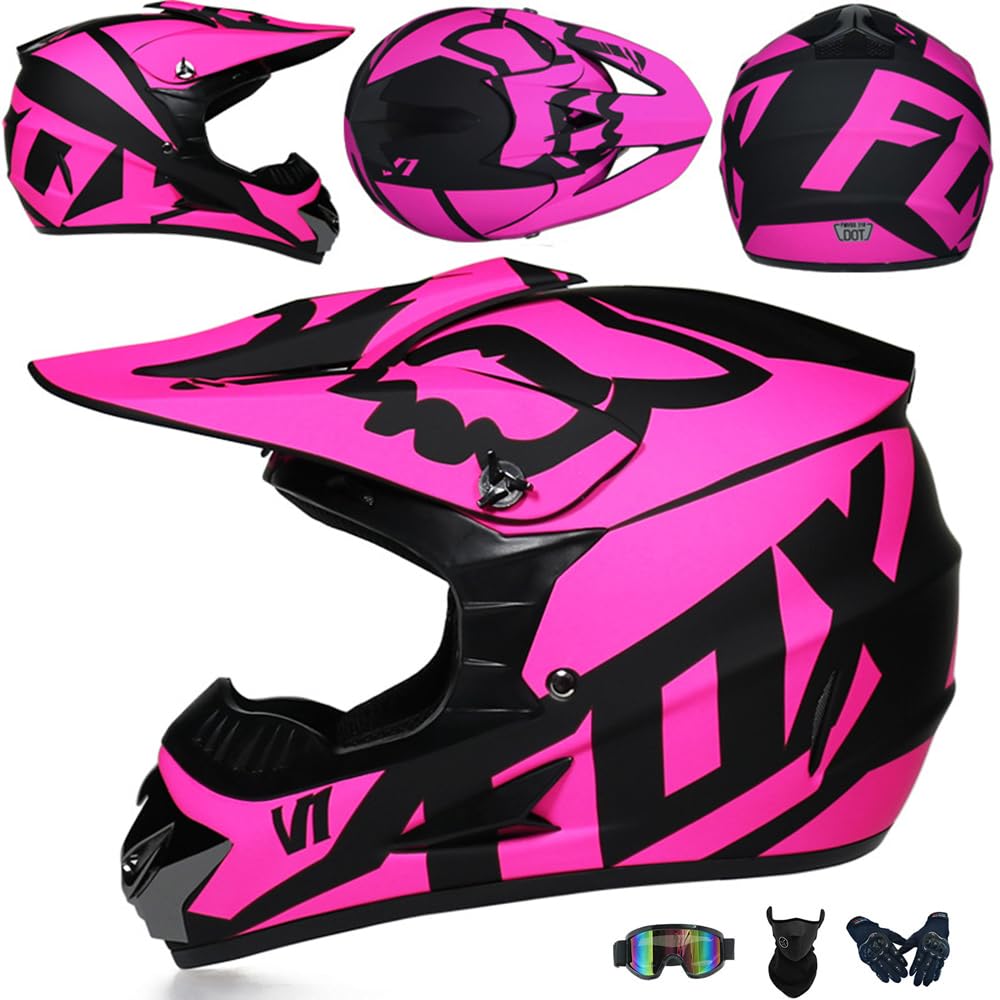 Jugend Motorradhelm Motocross Helm Kinder Erwachsene Cross Helms Herren ATV Motorradhelm MX Enduro Full Face MTB Helm DOT/ECE-Zertifizierter Mit Brille Maske Handschuhe Downhill Helm,Pink/A-XL von PAESCOY