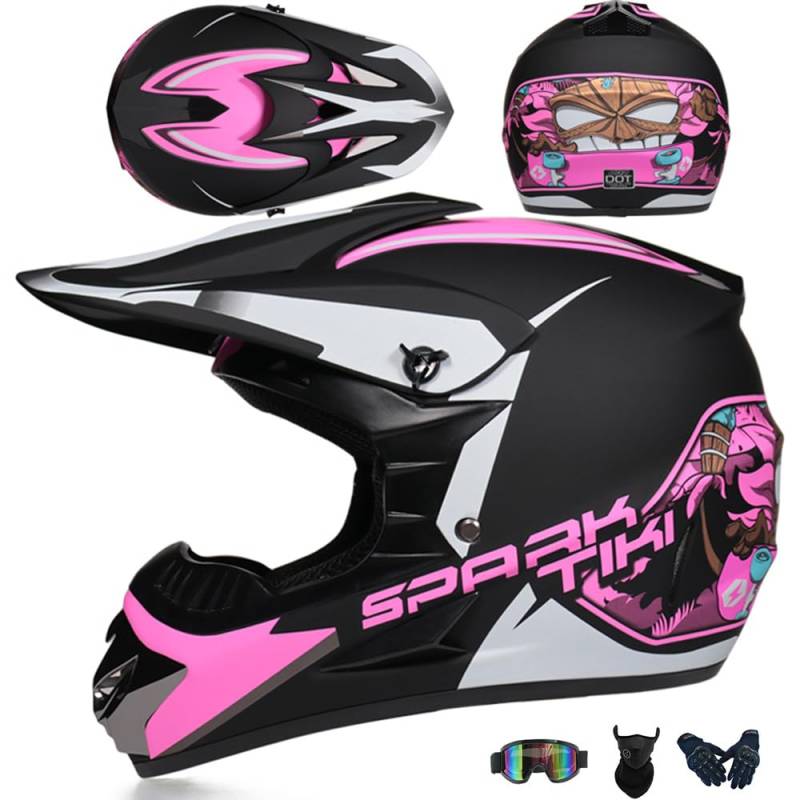 Jugend Motorradhelm Motocross Helm Kinder Erwachsene Cross Helms Herren ATV Motorradhelm MX Enduro Full Face MTB Helm DOT/ECE-Zertifizierter Mit Brille Maske Handschuhe Downhill Helm,Pink/C-XXL von PAESCOY