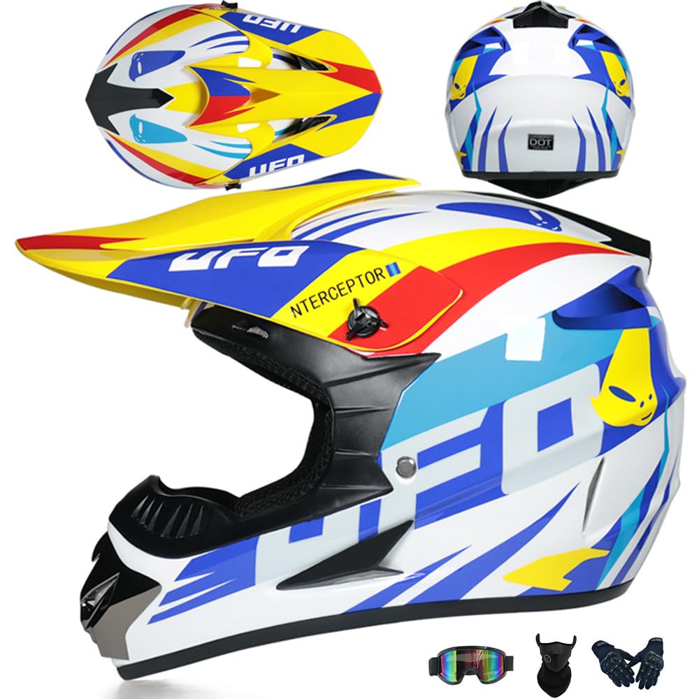 Jugend Motorradhelm Motocross Helm Kinder Erwachsene Cross Helms Herren ATV Motorradhelm MX Enduro Full Face MTB Helm DOT/ECE-Zertifizierter Mit Brille Maske Handschuhe Downhill Helm,White/B-L von PAESCOY