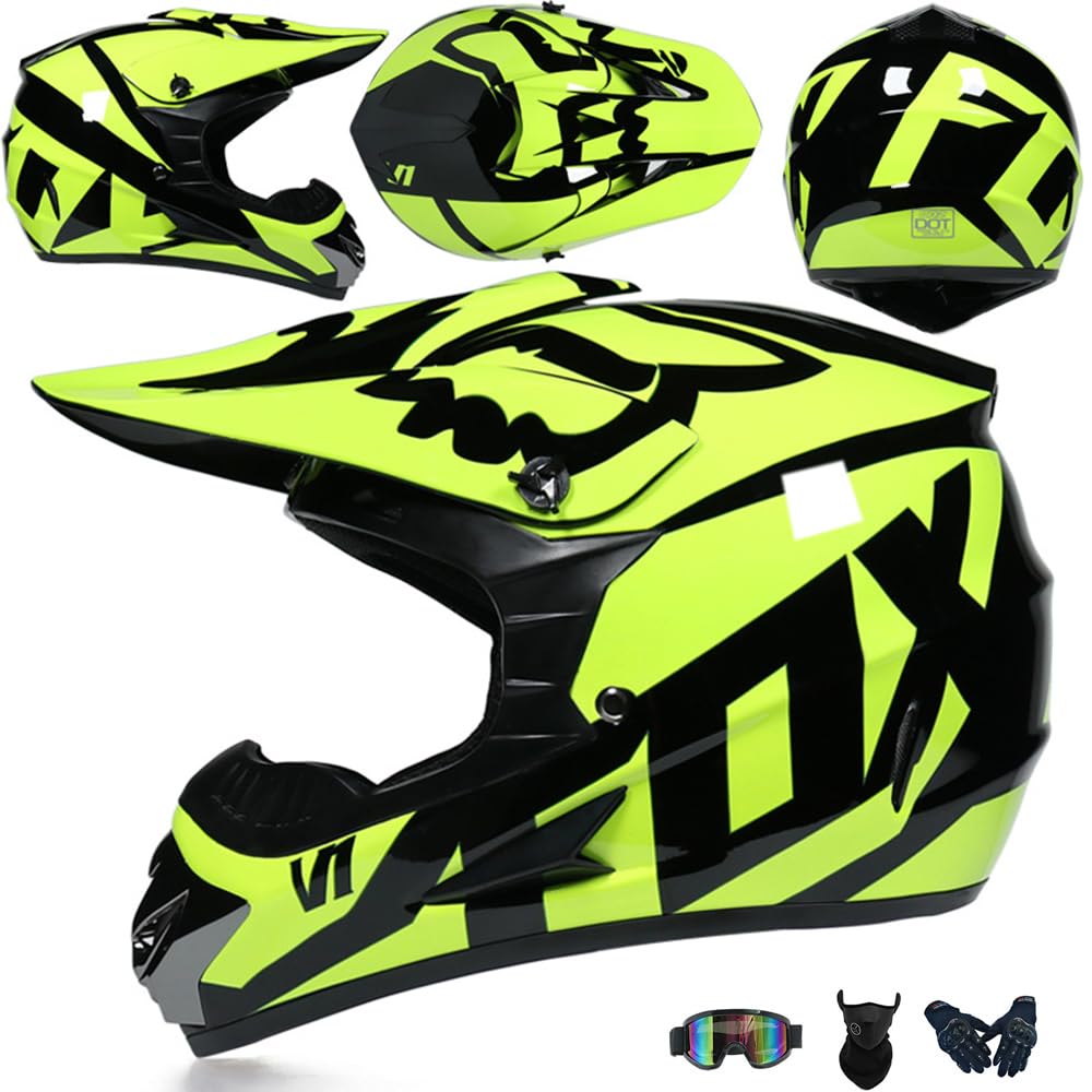 Jugend Motorradhelm Motocross Helm Kinder Erwachsene Cross Helms Herren ATV Motorradhelm MX Enduro Full Face MTB Helm DOT/ECE-Zertifizierter Mit Brille Maske Handschuhe Downhill Helm,Yellow/A-M von PAESCOY